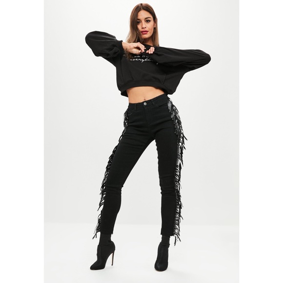 Missguided Denim - Sinner Black high waisted skinny tassel size 0